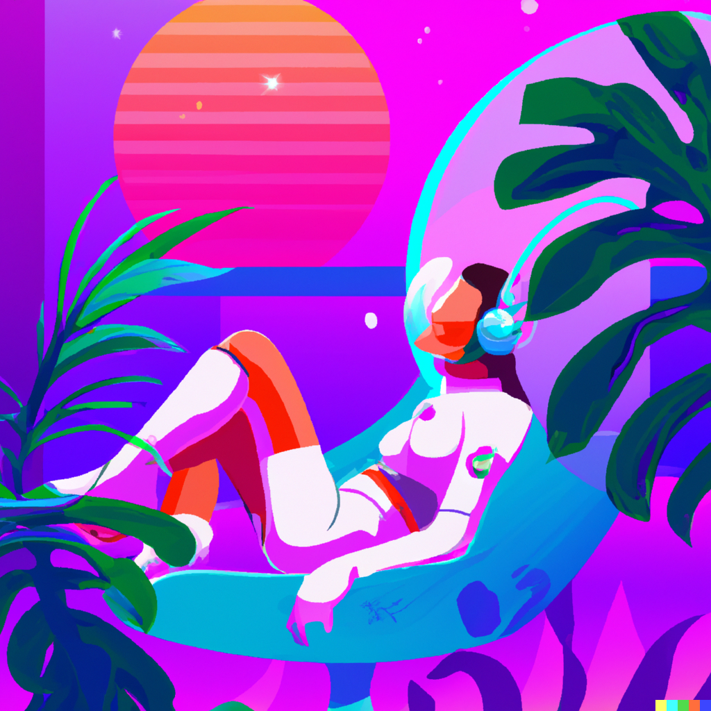an astronaut lounging in a tropical resort in space|